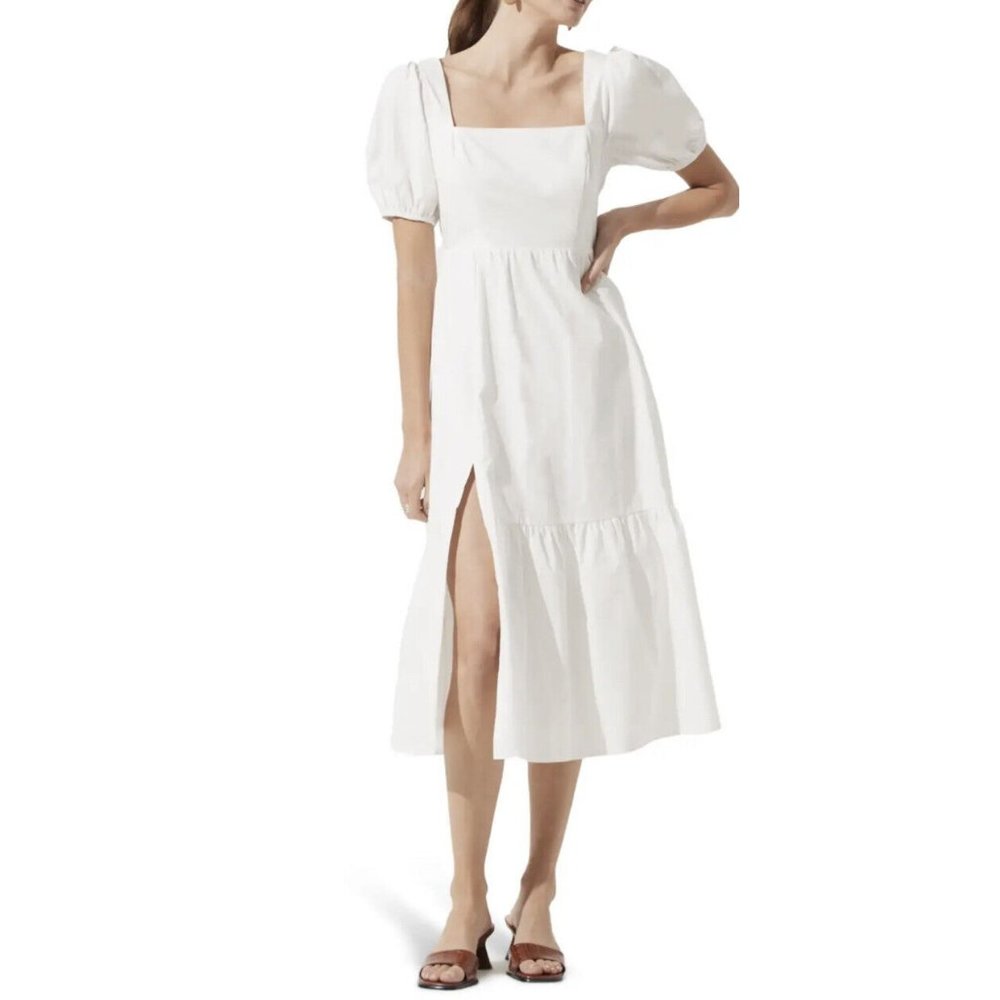 ASTR The Label  - Women's Poplin Puff Sleeve Tiered White Midi Dress - XS